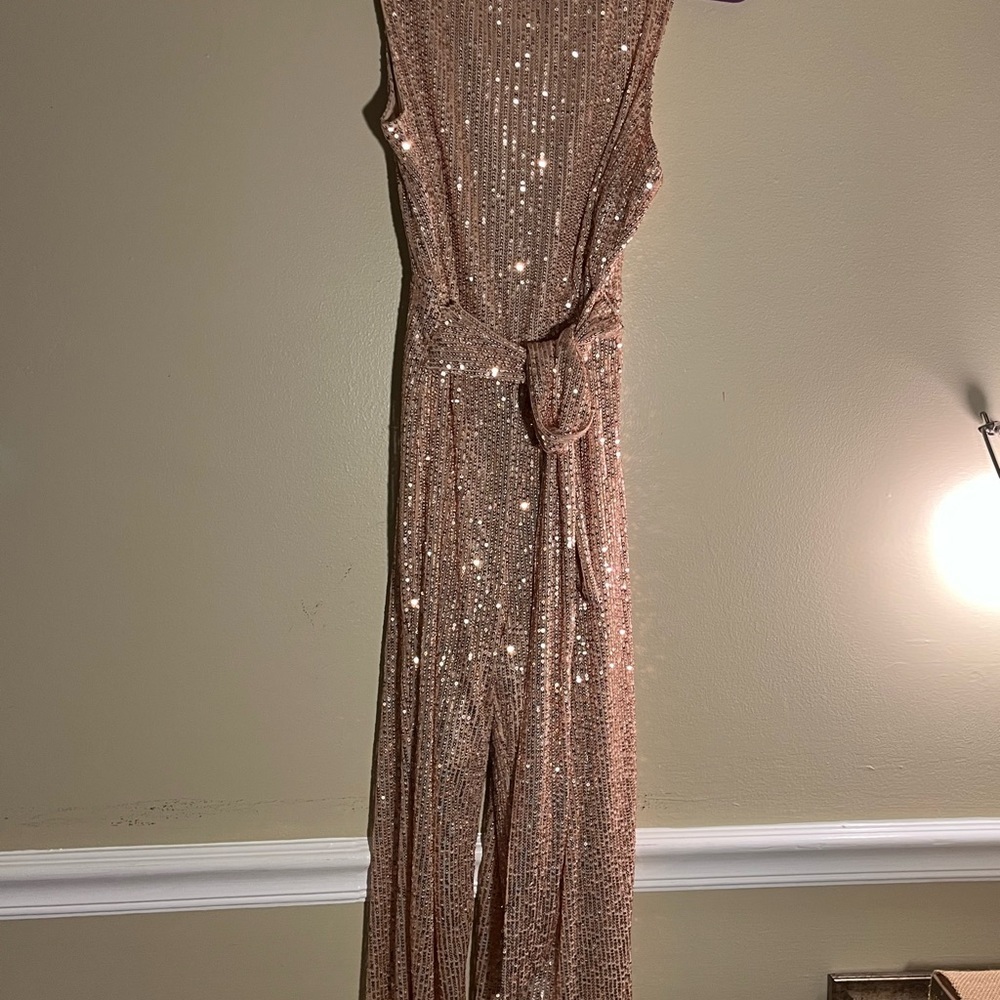 Ladies lined Jumpsuit Bronze color flare legs w/ tie sash - Picture 7 of 15